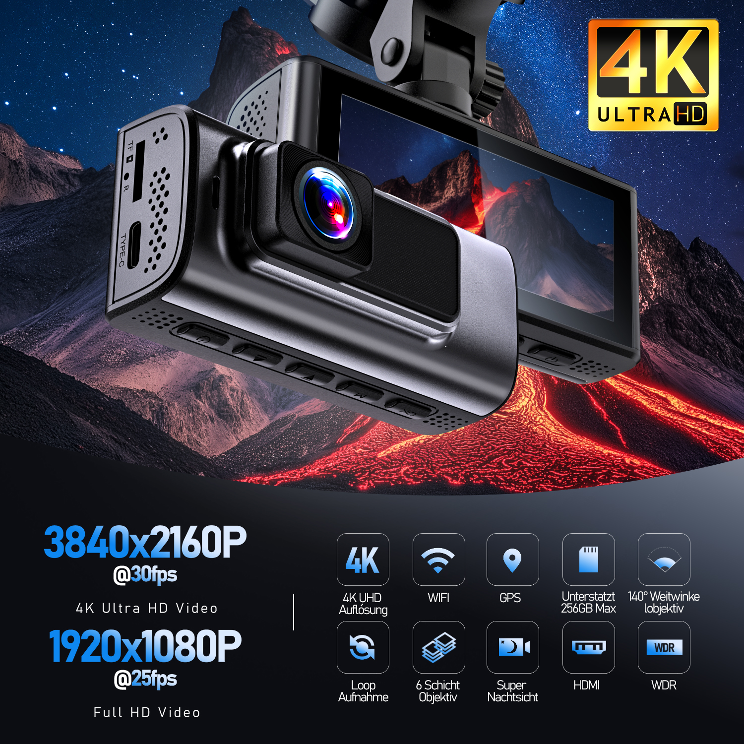 Eine schwarze Dashcam mit Vulkanhintergrund, die 4K Ultra HD, WLAN, GPS und weitere Funktionen anzeigt.
