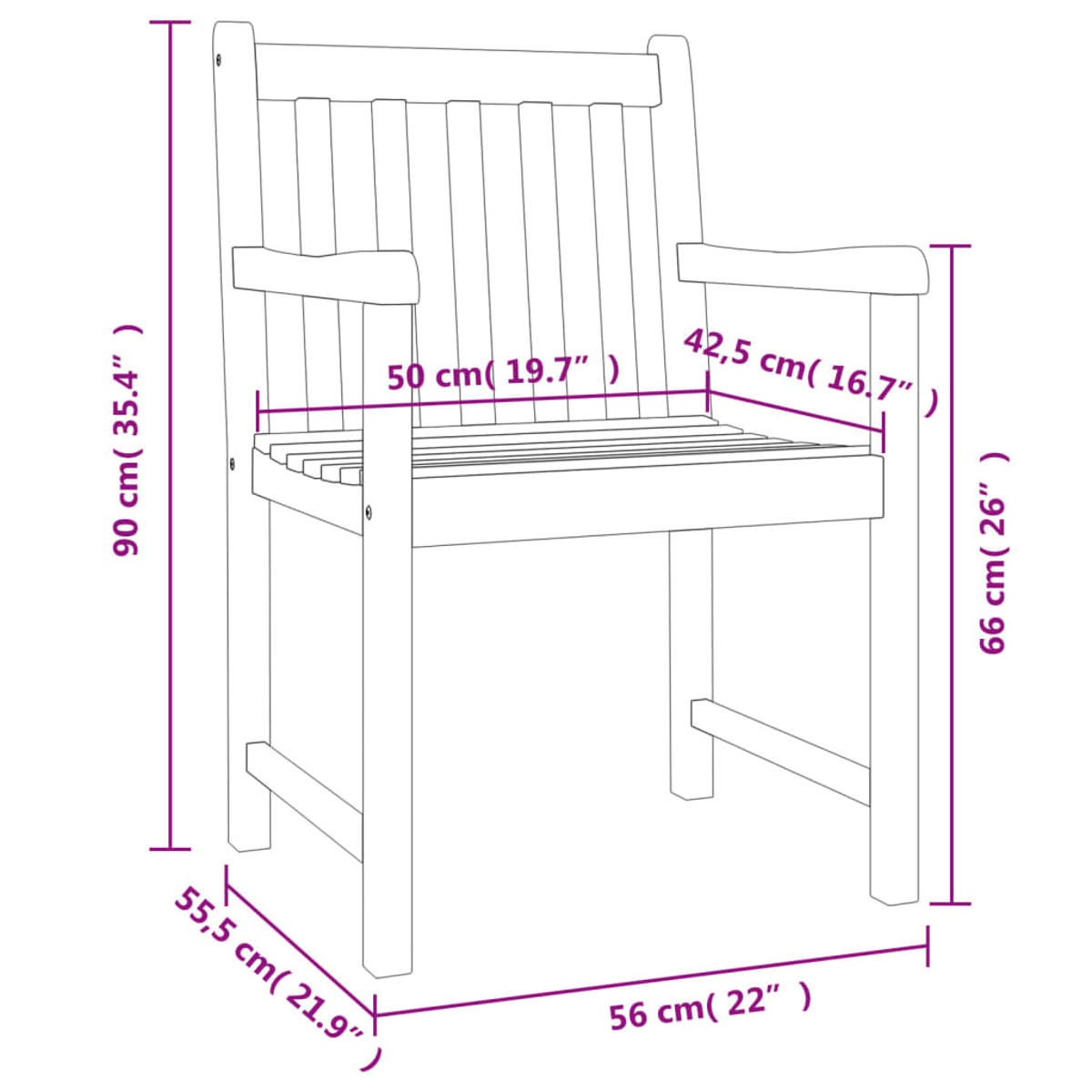 Holzstuhl mit Armlehnen. Maße: 90 cm hoch, 56 cm breit, 55,5 cm tief. Messungen sind angezeigt.