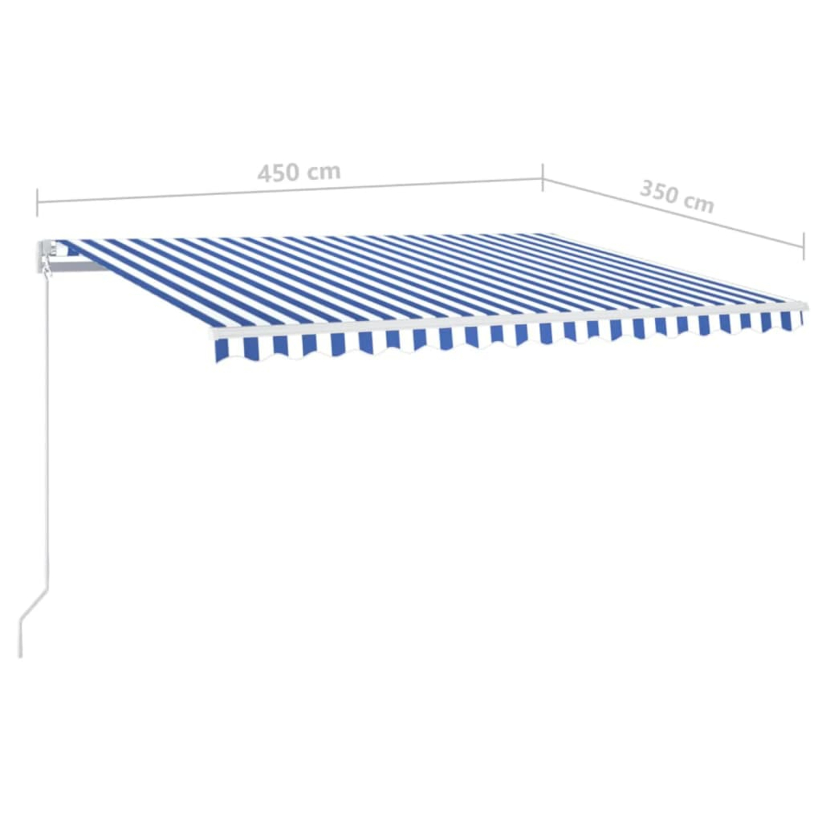 Blau-weiß gestreifte Markise. Abmessungen: 450 cm x 350 cm.