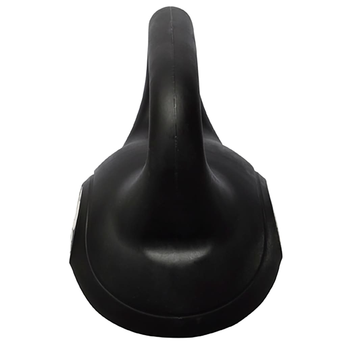 Draufsicht auf eine schwarze Kettlebell auf weißem Hintergrund.