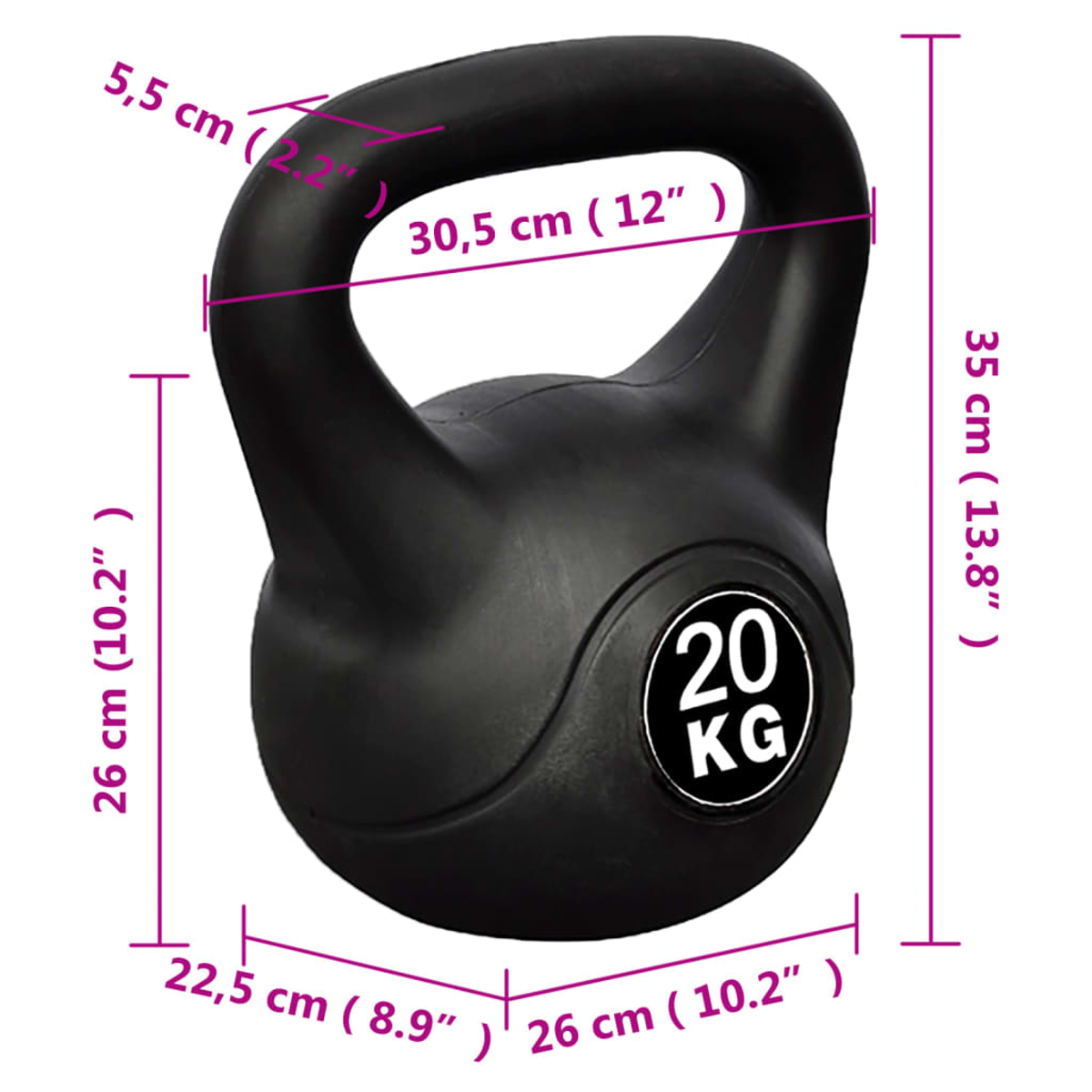 Schwarze Kettlebell mit Maßen in cm und Zoll. Es hat ein 20 KG Etikett.