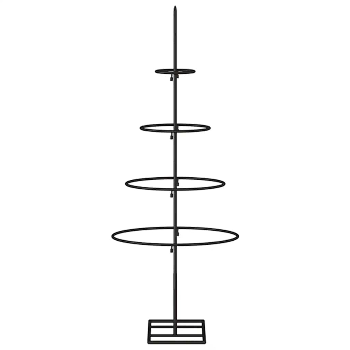Schwarzer Weihnachtsbaum-Ausstellungsständer aus Metall. Mehrere kreisförmige Regale. Quadratische Basis.