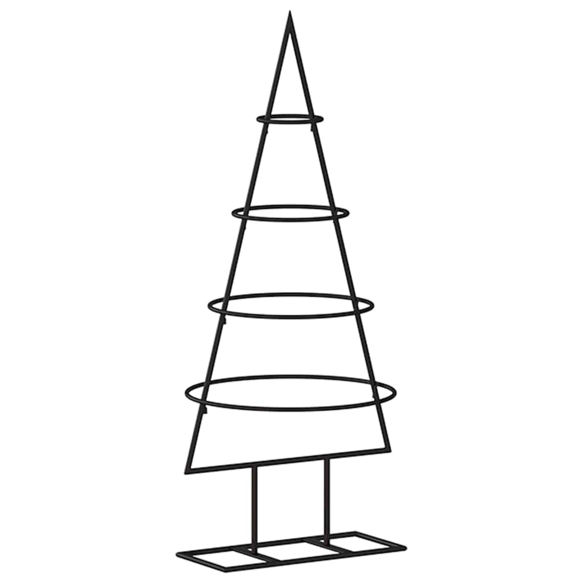 Schwarzer Weihnachtsbaum-Ausstellungsständer aus Metall. Dreieckiger Rahmen. Kreisförmige Regale.