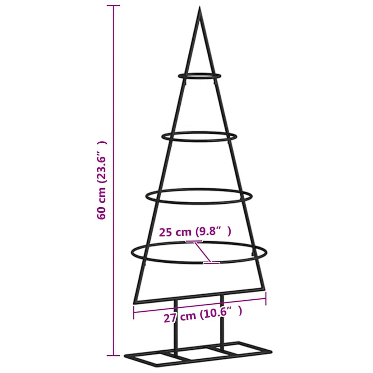 Schwarzer Weihnachtsbaum-Ausstellungsständer aus Metall. Maße: Höhe 60 cm, Breite 27 cm, Regal-Ø 25 cm.