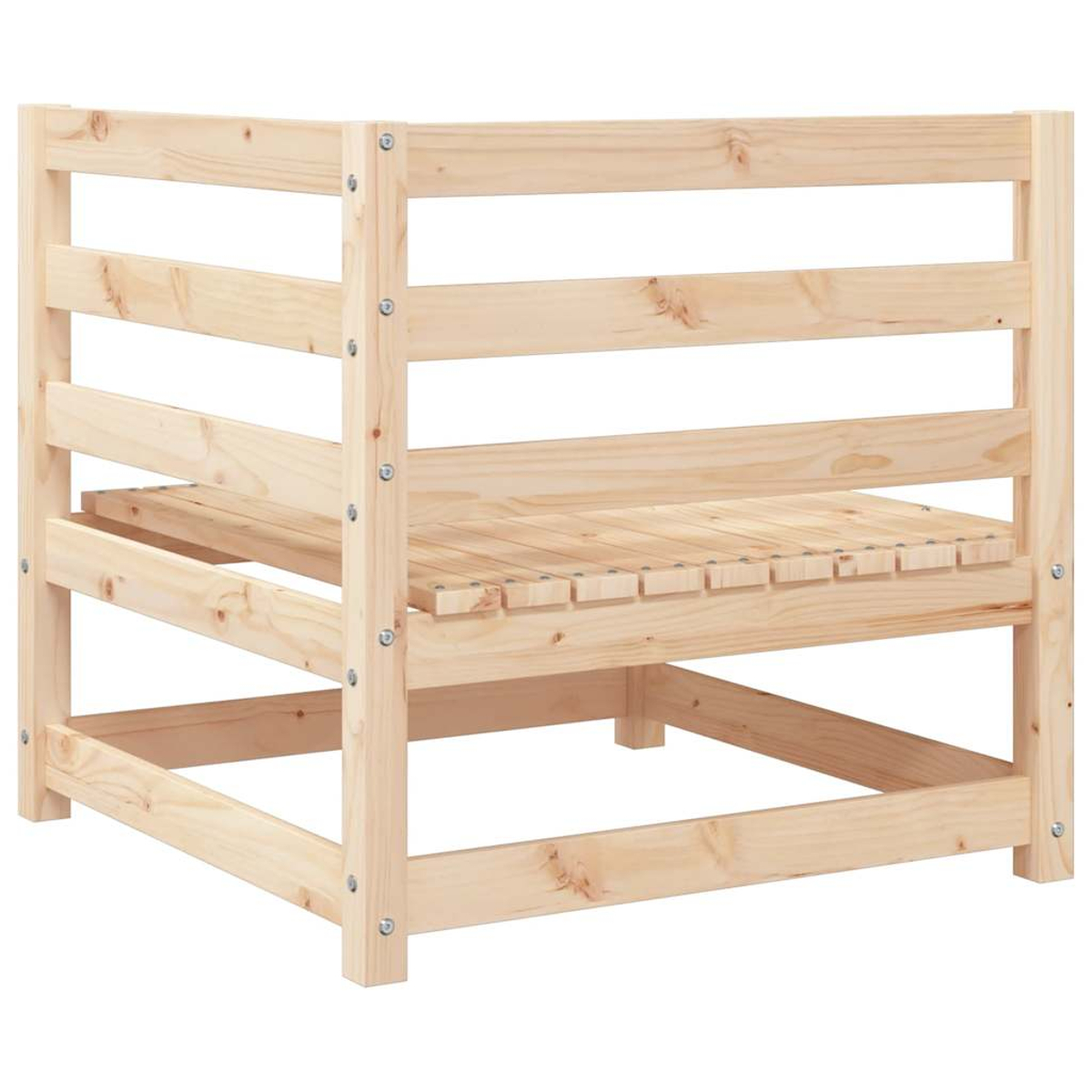 Holz-Outdoor-Stuhlrahmen, hellbraun, mit horizontalen und vertikalen Lamellen.