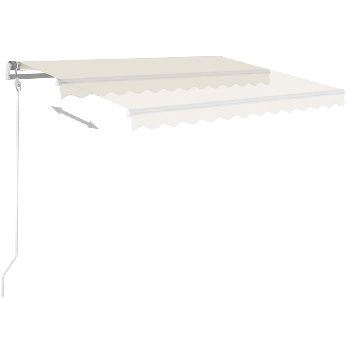 Eine Markise, beige mit gewelltem Rand, erstreckt sich von einer Wand. Ein einfaches, modernes Design wird gezeigt.