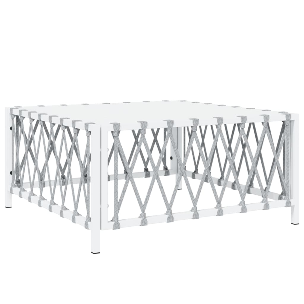 Weißer quadratischer Couchtisch mit Seil-Design an den Seiten und Beinen.