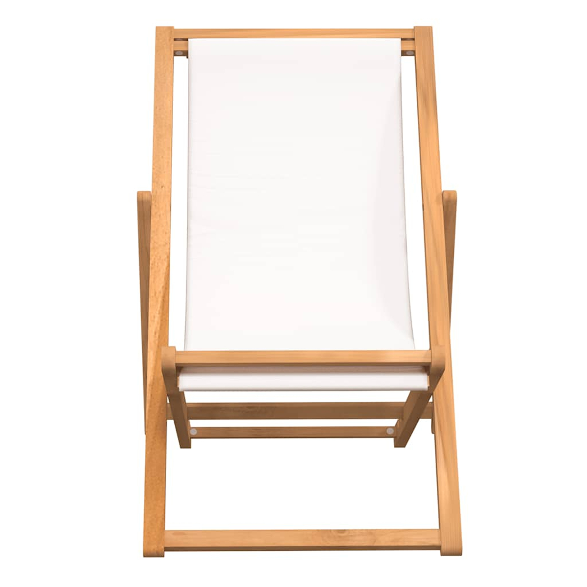 Ein hölzerner Deckchair mit weißem Stoffbezug. Der Stuhl ist zusammengeklappt.