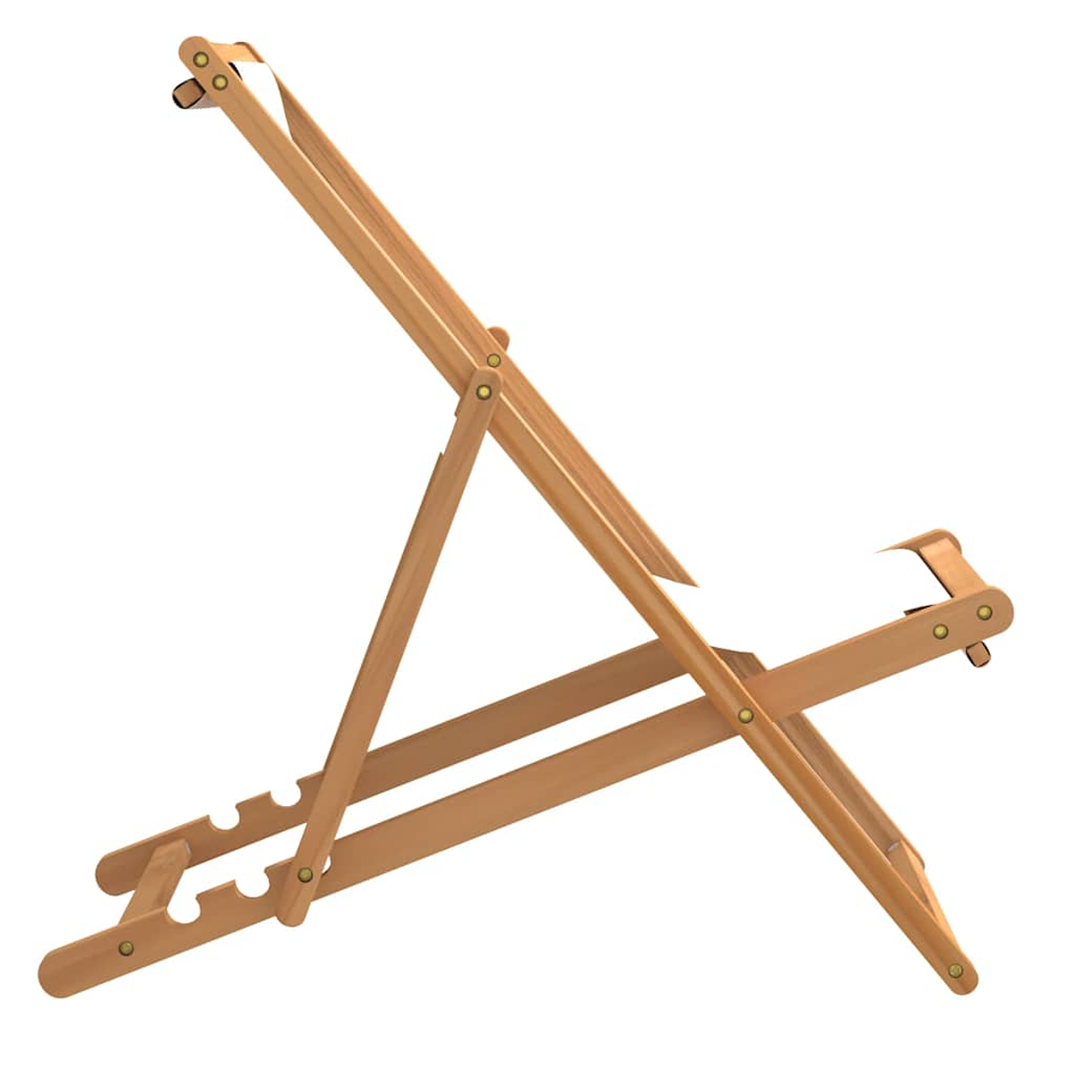 Ein hölzerner Deckchair in Seitenansicht. Der Stuhl ist zusammengeklappt.