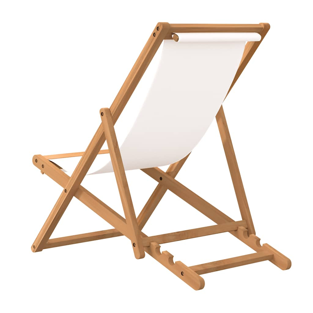 Holz-Strandstuhl mit weißem Segeltuchsitz, Rückansicht.