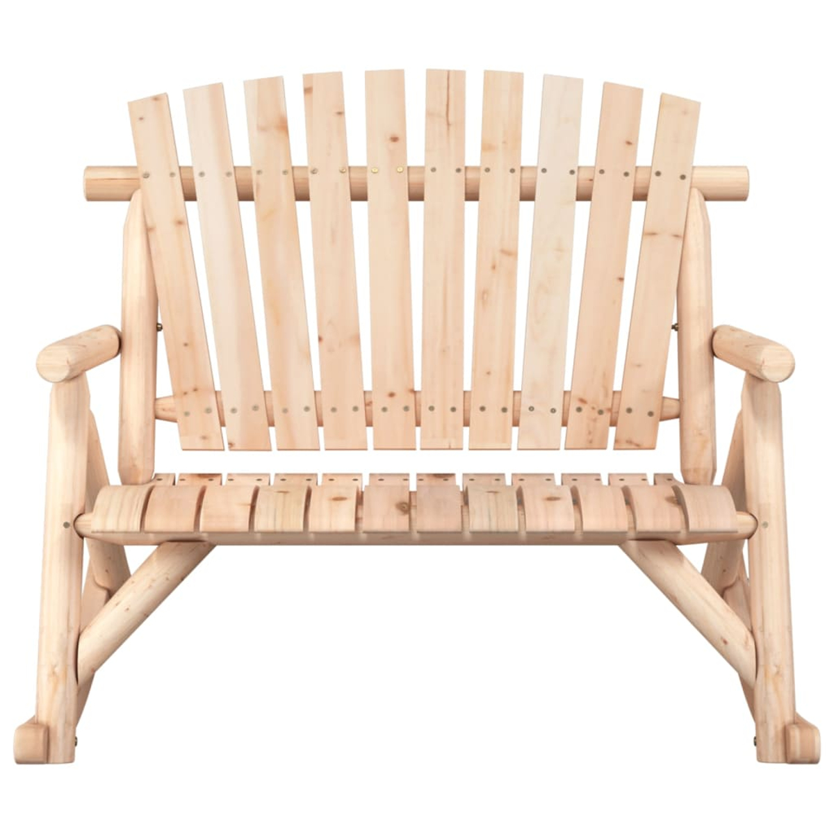Eine Schaukelbank aus hellem Holz. Sie hat eine Lattenlehne und -sitzfläche mit gebogenen Schaukeln und Armlehnen.