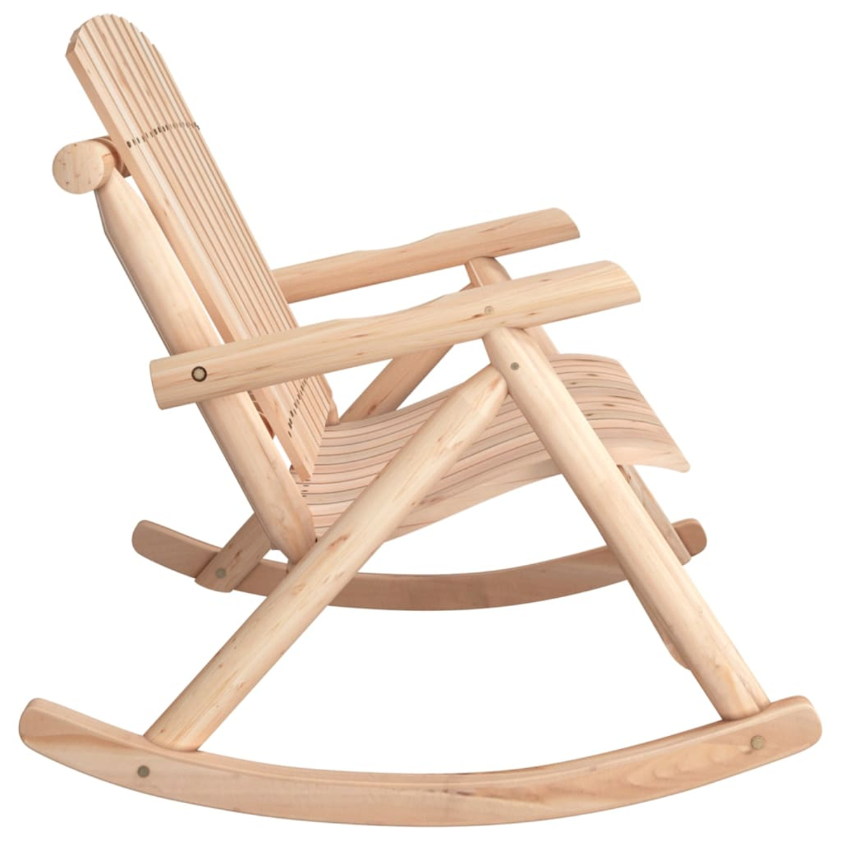 Ein hölzerner Schaukelstuhl in Seitenansicht, mit Lamellen auf Sitz und Rücken.