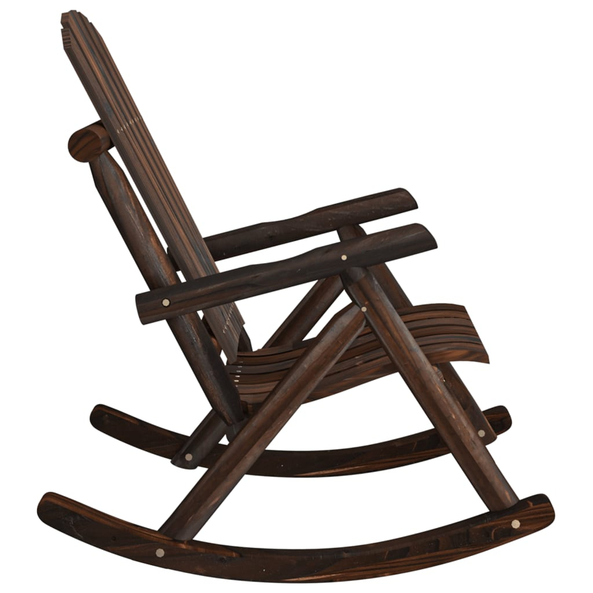 Ein dunkelbrauner Schaukelstuhl aus Holz von der Seite betrachtet, die gebogenen Schaukeln zeigend.