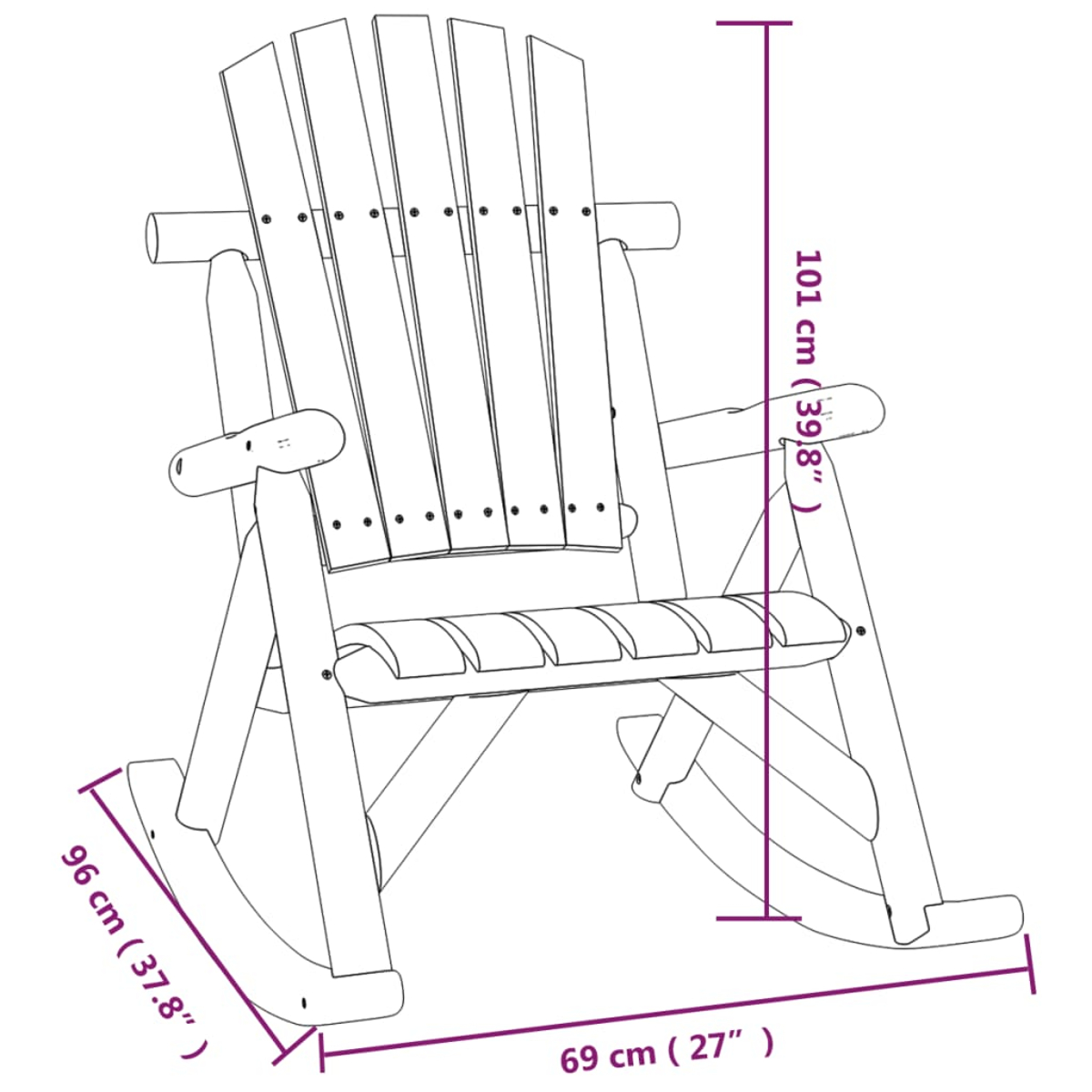 Strichzeichnung eines Holzschaukelstuhls mit Abmessungen: 101 cm Höhe, 96 cm Länge und 69 cm Breite.
