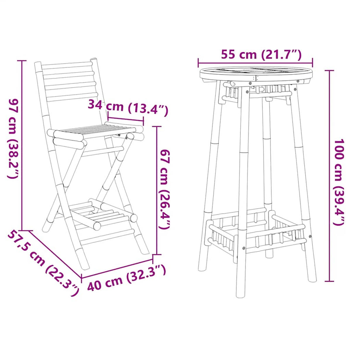 Disegno lineare di un set sedia e tavolo. Sedia: altezza 97 cm, tavolo: altezza 100 cm. Dimensioni etichettate.