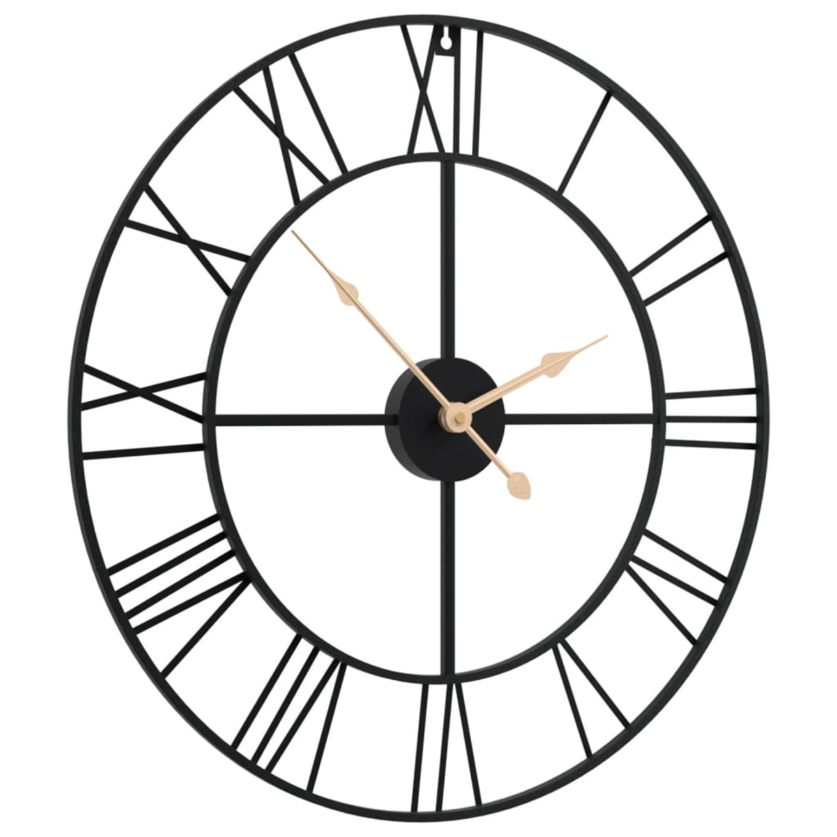 Schwarze Metall-Wanduhr mit römischen Ziffern und beigen Zeigern. Die Uhr hat einen runden schwarzen Rahmen.