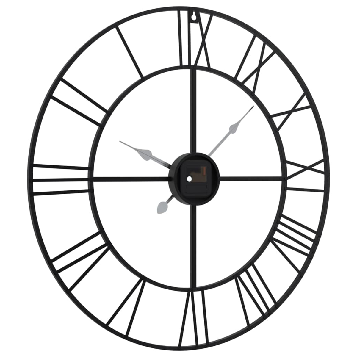 Schwarze Metall-Wanduhr mit römischen Ziffern und Zeigern. Weißer Hintergrund.
