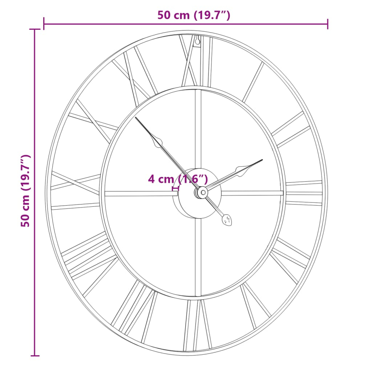 Diagramm einer Uhr mit Abmessungen in cm und Zoll. Schwarzer Metallrahmen.