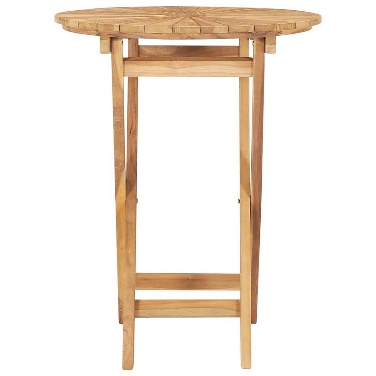 Runder Bistro-Tisch aus Holz mit Sternmuster auf der Oberseite. Der Tisch ist zusammengeklappt, die Beine sind sichtbar.