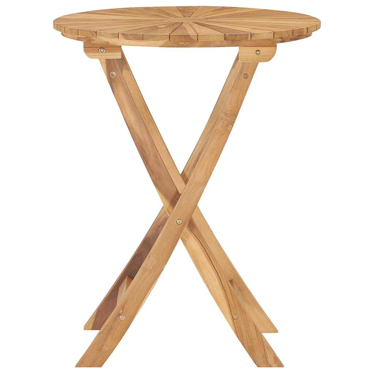 Holz-Bistro-Tisch, zusammengeklappt, zeigt die kreuz und quer verlaufenden Beine. Die Tischplatte hat ein radiales Holzmuster.