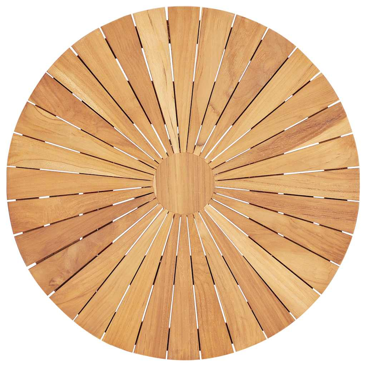 Runder Holztisch mit Sonnenstrahlendesign. Die Platte besteht aus Holzbohlen.