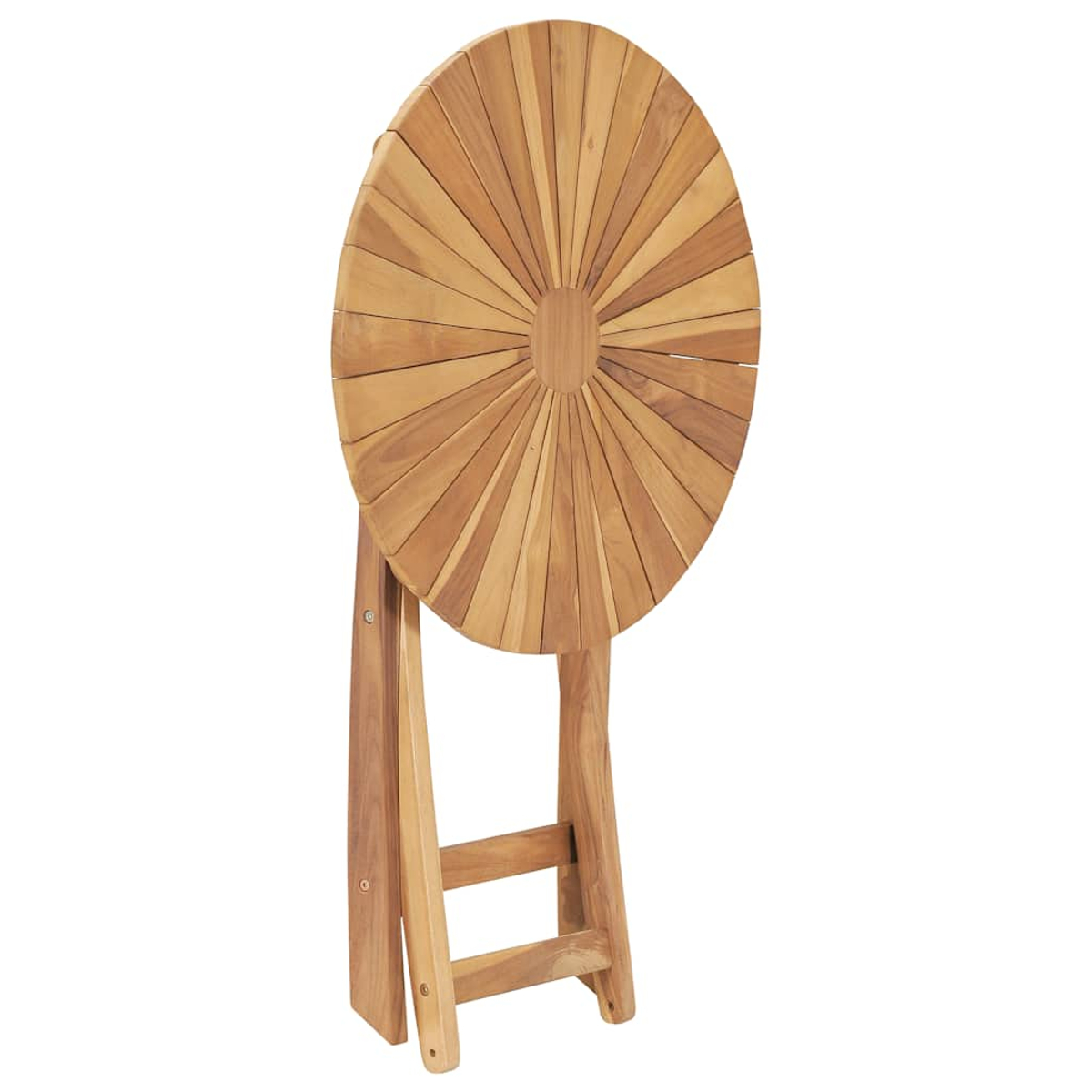Klapptisch aus Holz, runde Platte, mit Sonnenstrahlmuster. Die Beine sind aus Holz.