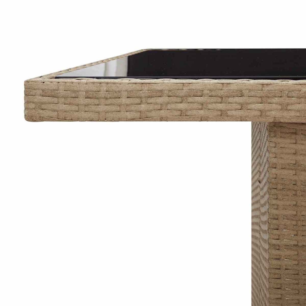 Nahaufnahme einer Korbtischecke mit schwarzer Oberfläche. Beige Webstruktur sichtbar.