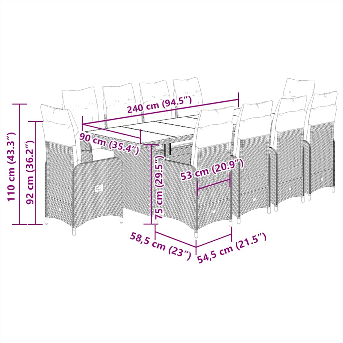 Eine schematische Darstellung eines grauen Korbesstisch-Sets. Es umfasst Tisch und Stühle mit Abmessungen.