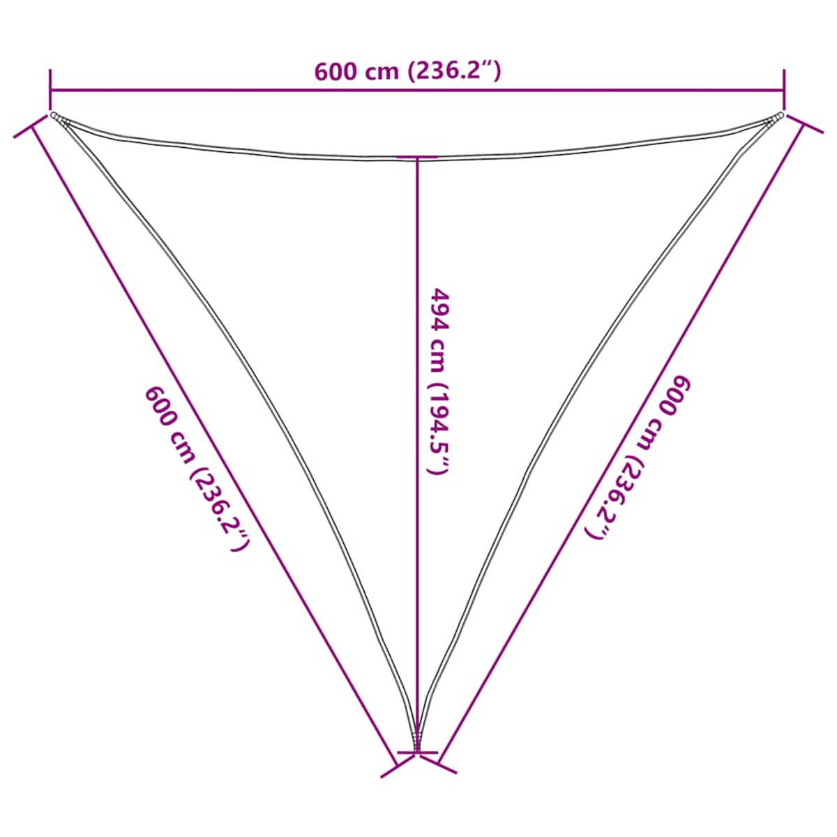 Una vela ombreggiante triangolare verde con dimensioni. È posta su uno sfondo bianco.