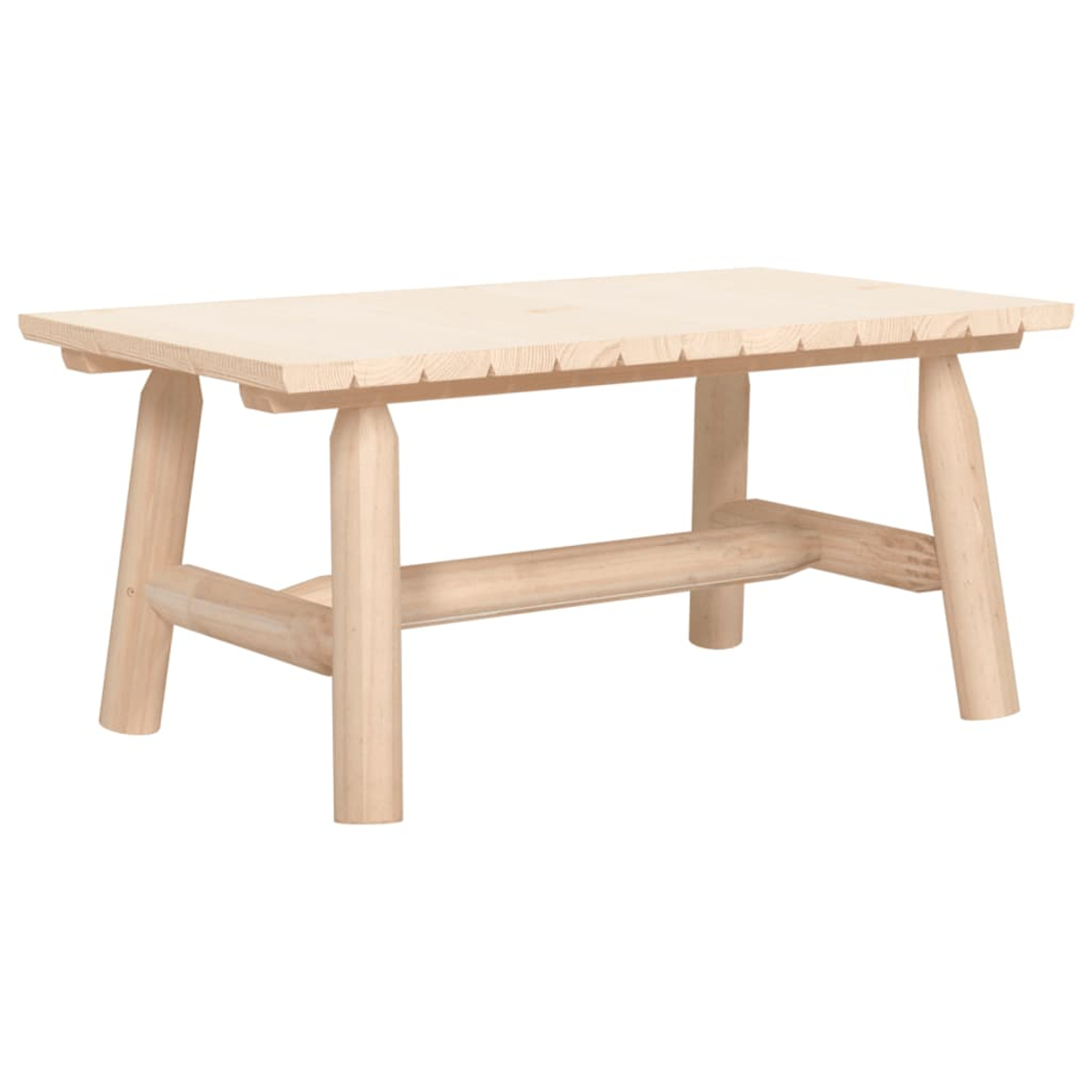 Ein kleiner, rechteckiger Holztisch mit schlichtem Design. Er hat vier Beine und eine horizontale Stütze.