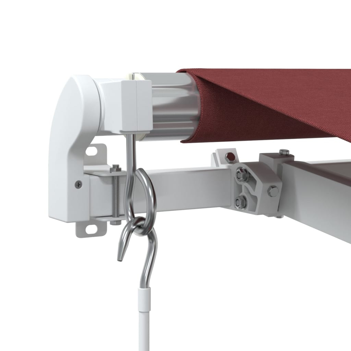 Primo piano del meccanismo della tenda da sole, supporto bianco, tessuto bordeaux e un gancio.
