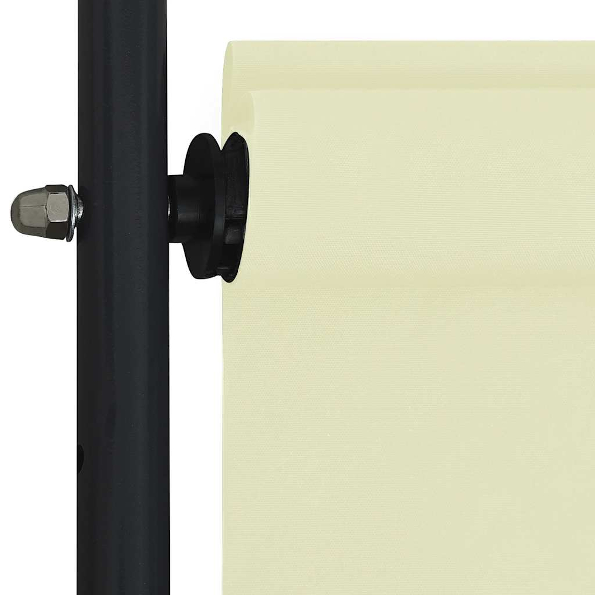 Primo piano del meccanismo a rullo dello schermo. Schermo beige, cornice nera e un dado di fissaggio.