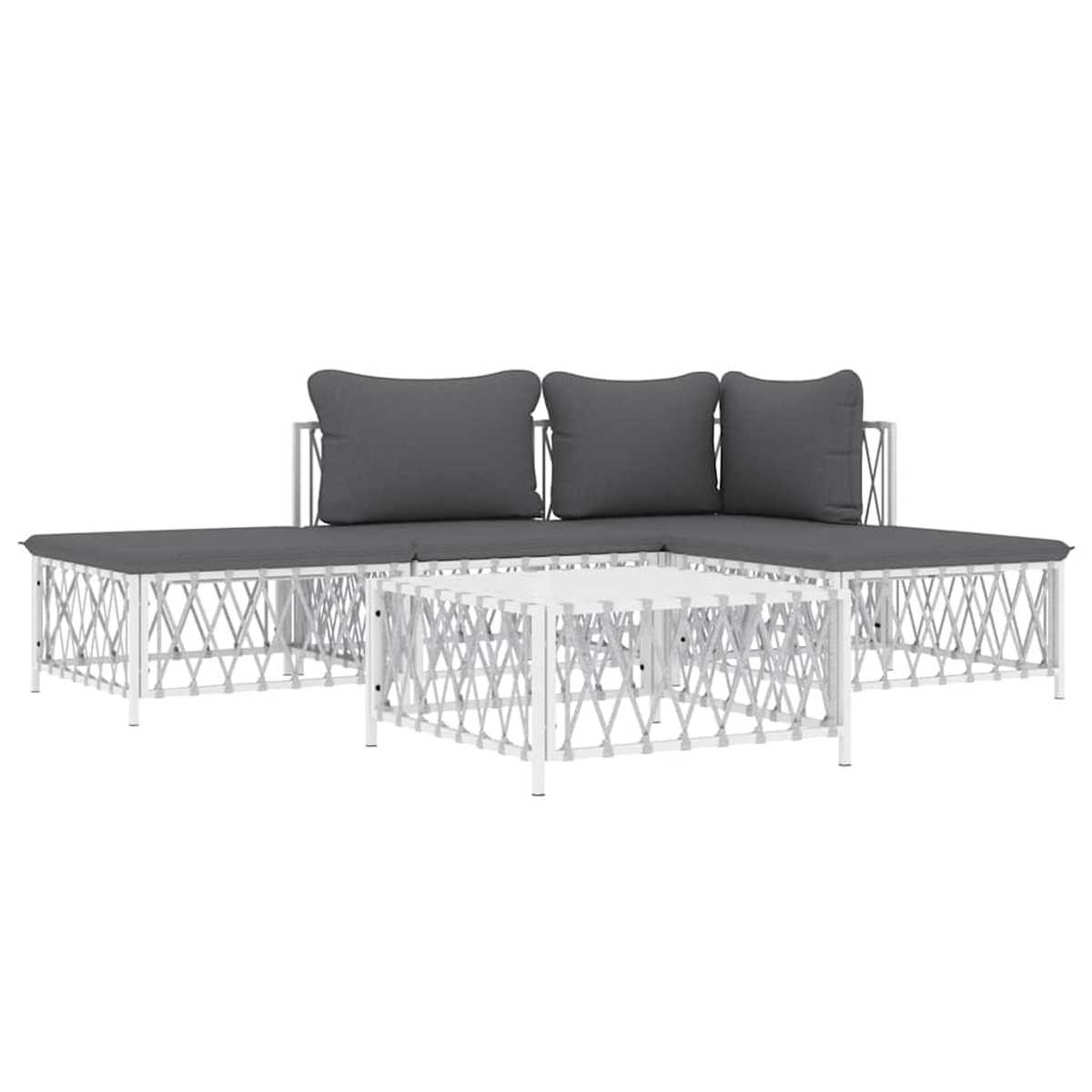 Ein weißes, modernes Gartenmöbel-Set mit grauen Kissen und einem quadratischen Couchtisch davor.