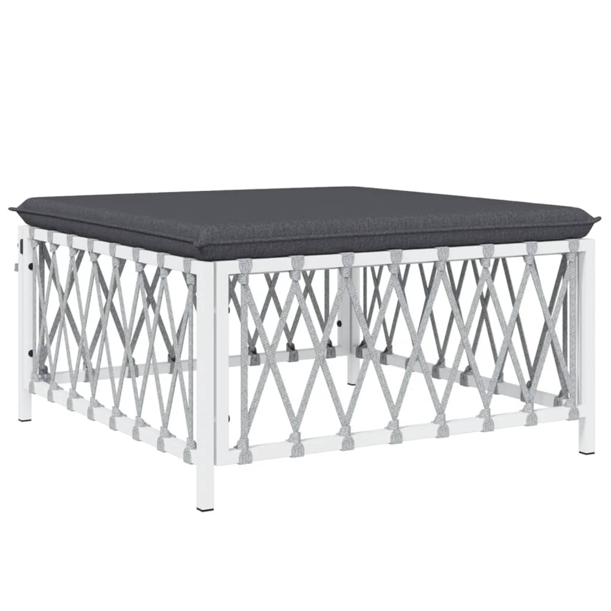 Quadratischer weißer Couchtisch mit grauem Kissen. Der Tisch hat ein Kreuzmuster an den Seiten.