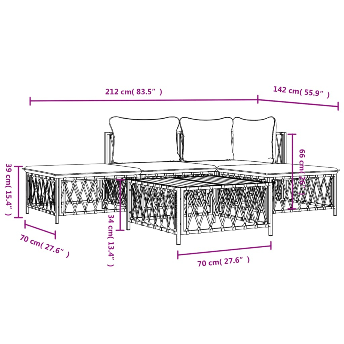 Outdoor-Ecksofa und Couchtisch mit überlagerten Abmessungen. Weiße Möbel mit grauen Kissen.