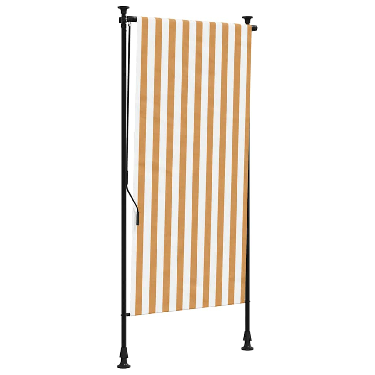 Sichtschutz im Freien mit vertikalen orangefarbenen und weißen Streifen. Schwarzer Rahmen.