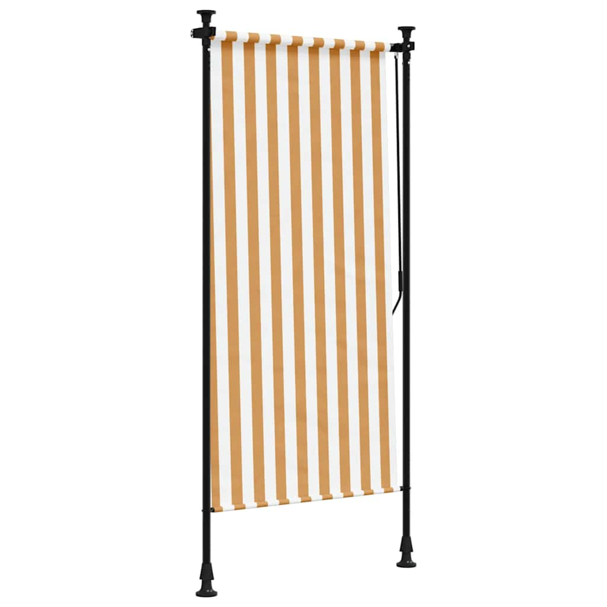 Sichtschutz im Freien mit vertikalen orangefarbenen und weißen Streifen. Schwarzer Rahmen.