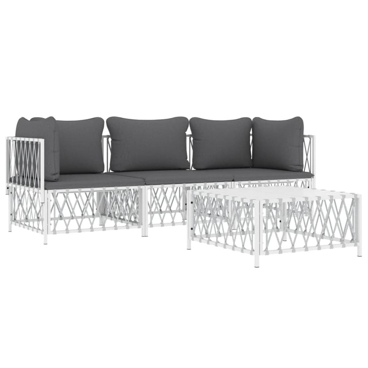 Gartenmöbel-Set mit grauen Kissen und weißem Rahmen. Weißer Hintergrund. Komplettaufnahme.