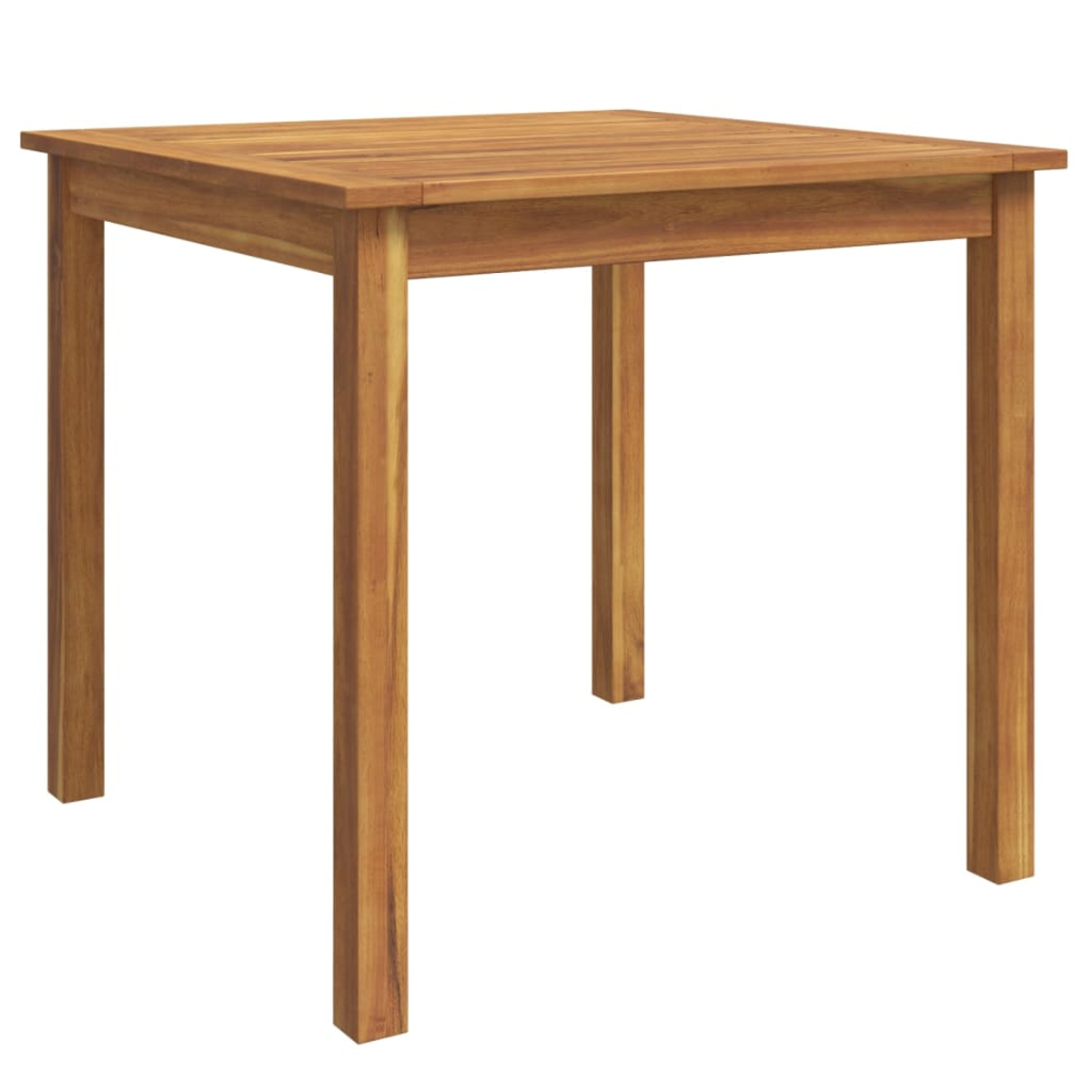 Quadratischer Holztisch mit vier Beinen, hellbraune Farbe, schlichtes Design.