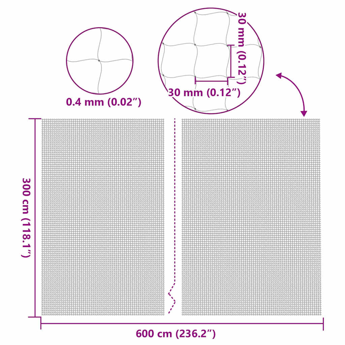Detaillierte Ansicht eines Netzes. Maße: 300 cm (118,1") hoch, 600 cm (236,2") breit, 0,4 mm (0,02") dick.