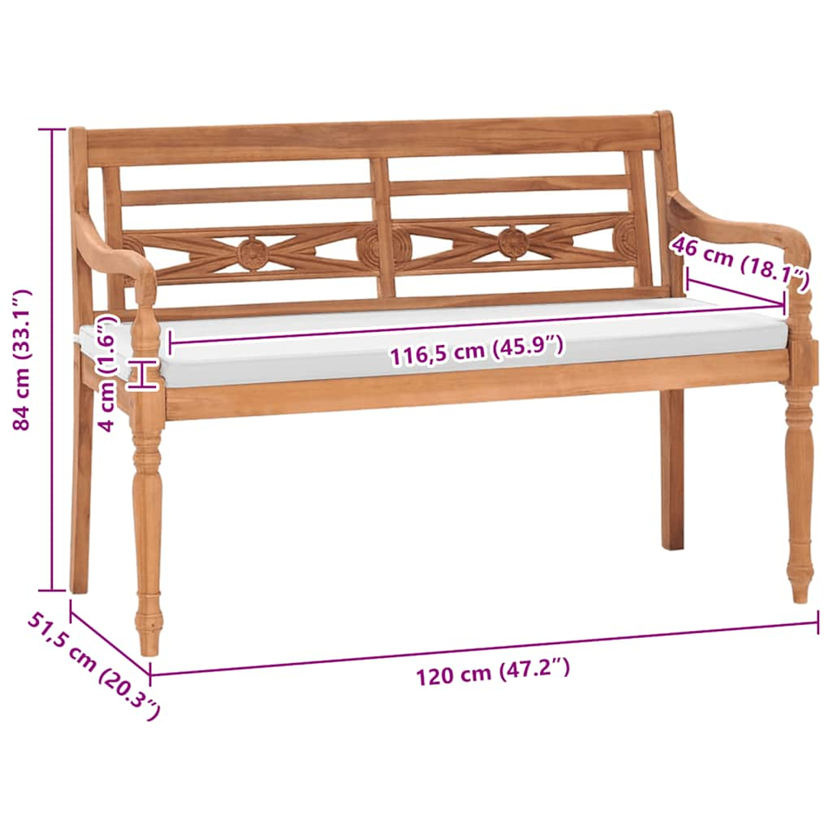 Holzbank mit Abmessungen: 120 cm Länge, 84 cm Höhe, 51,5 cm Tiefe und 46 cm Armlehnenhöhe.