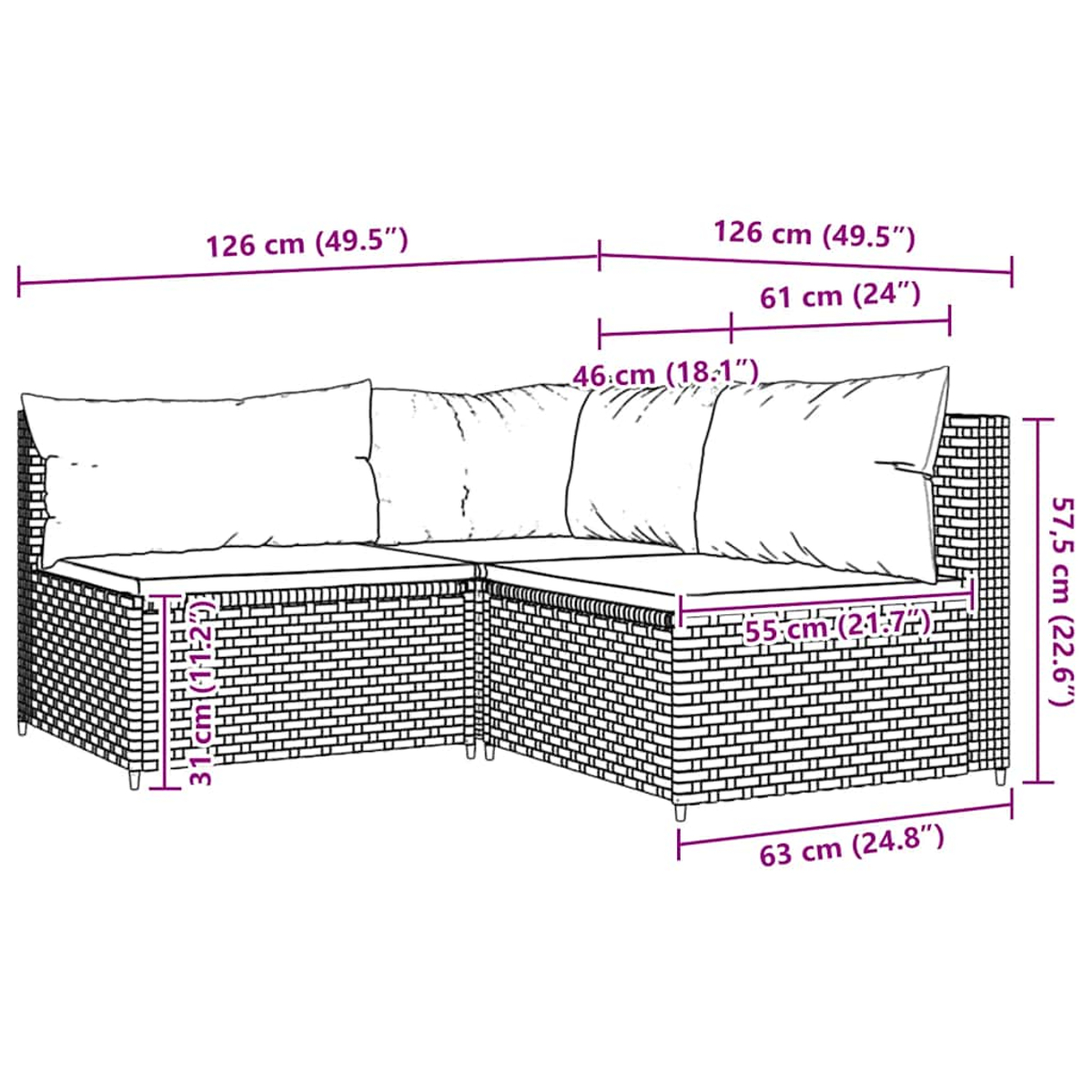 Ein braunes Ecksofa aus Korbgeflecht mit grünen Kissen und Kissen, Abmessungen sind beschriftet.