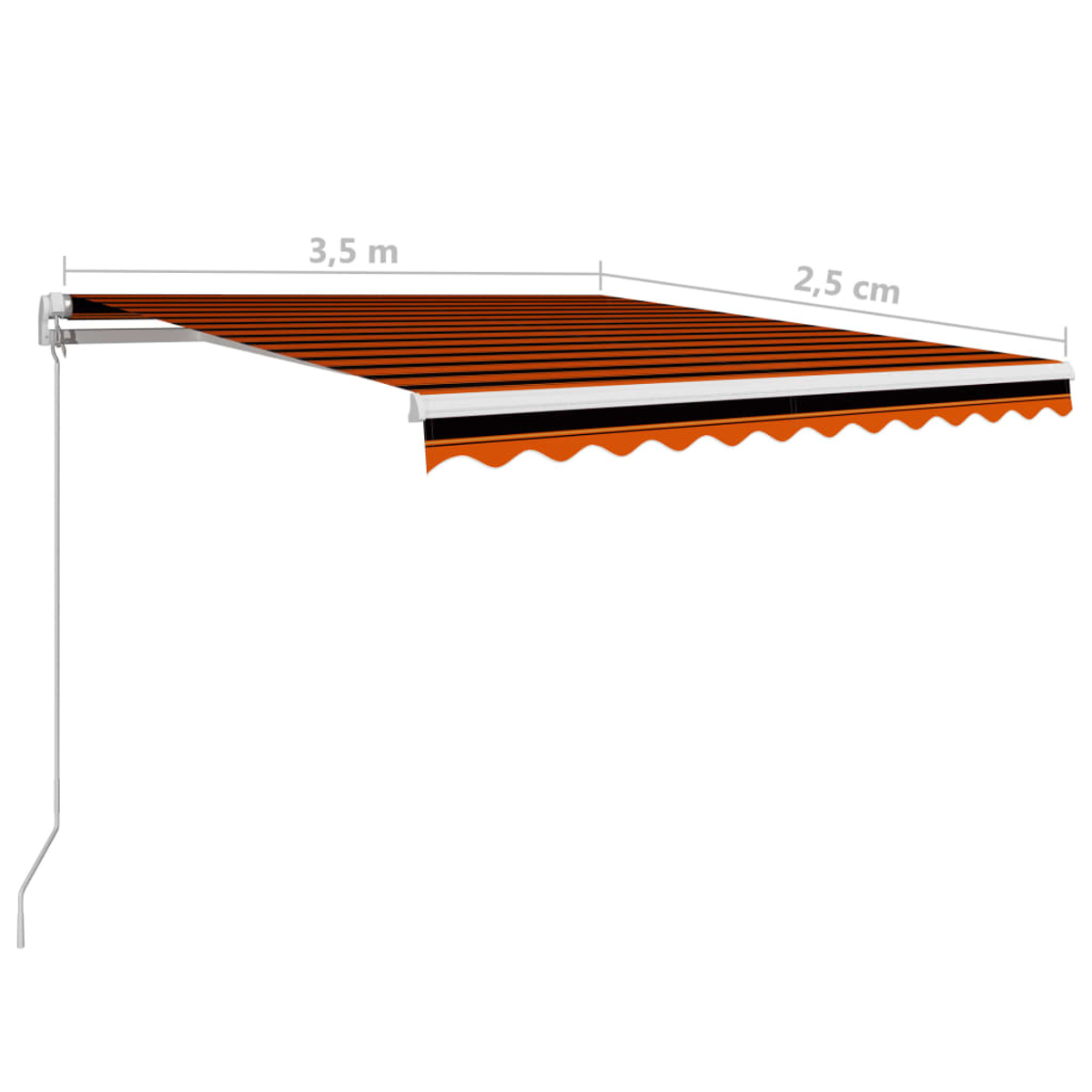 Markise mit orangefarbenen und schwarzen Streifen. Maße: 3,5 m breit und 2,5 cm tief.