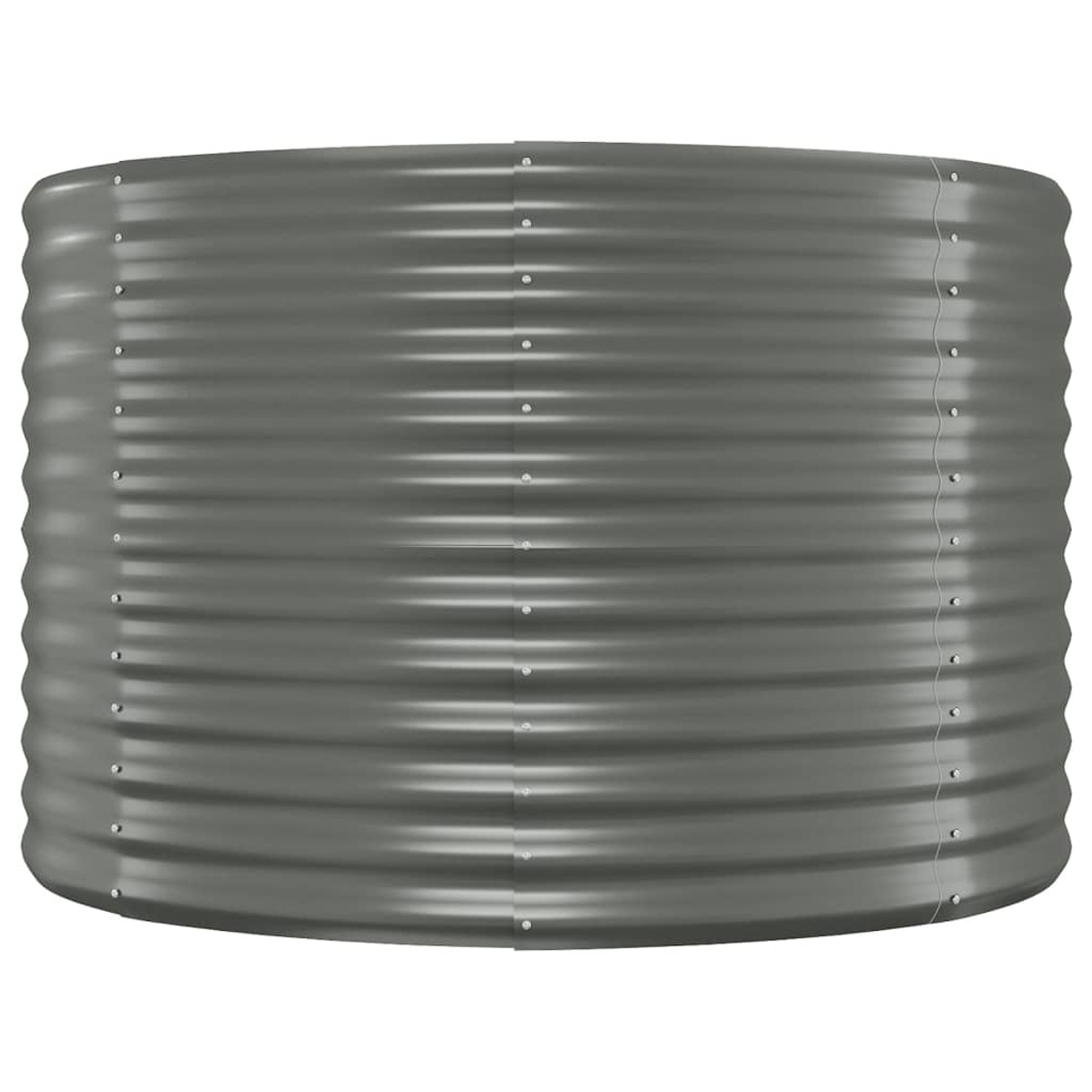 Runder, wellblechförmiger Pflanzer, dunkelgrau lackiert. Der Pflanzer hat sichtbare Schraubenköpfe.