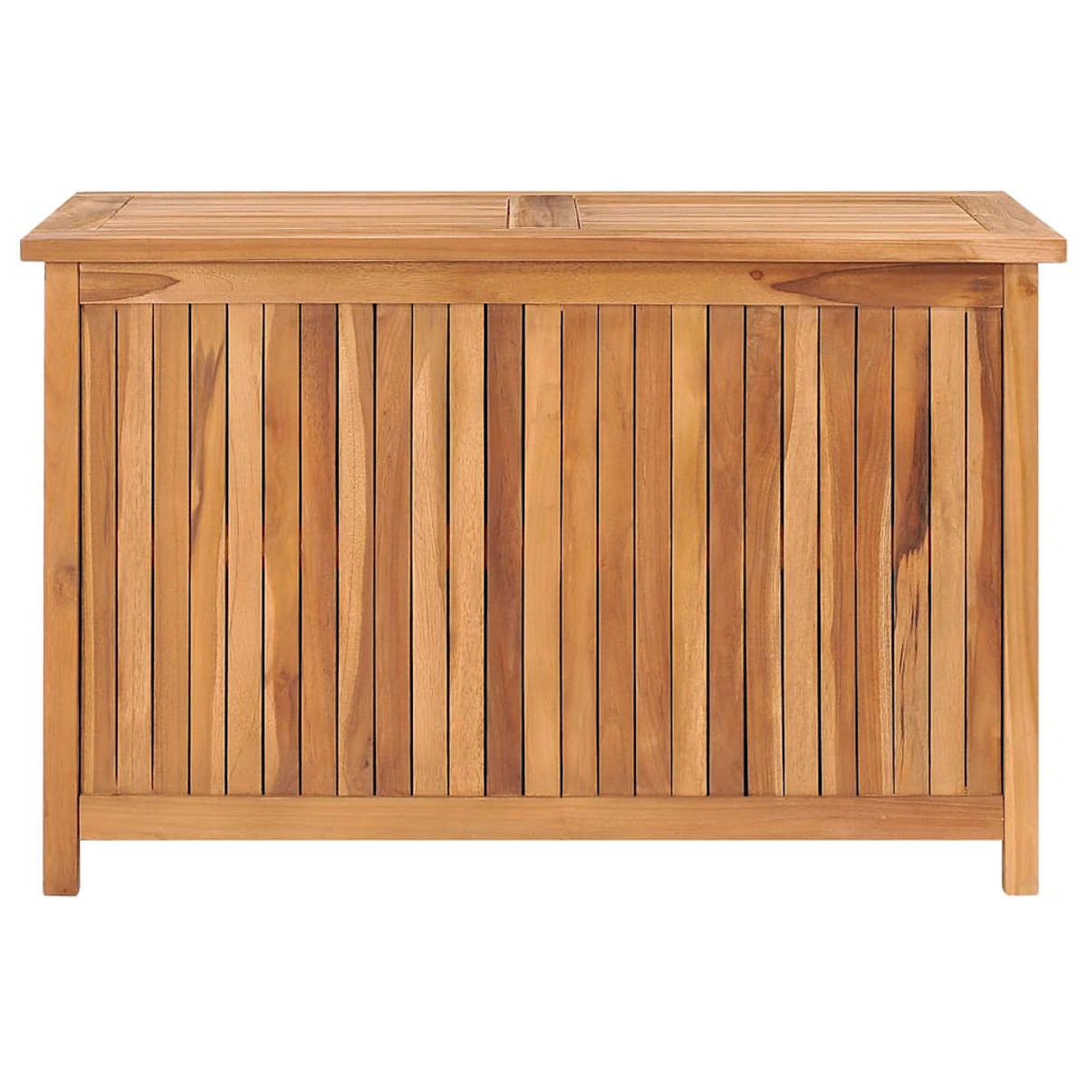 Eine Holzkiste mit Deckel. Das Holz ist hellbraun und hat vertikale Lamellen.