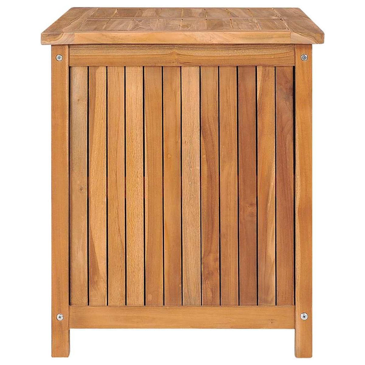 Holzkiste. Die Seitenansicht zeigt den Deckel und vertikale Lamellen an der Seite. Hellbraunes Holz.