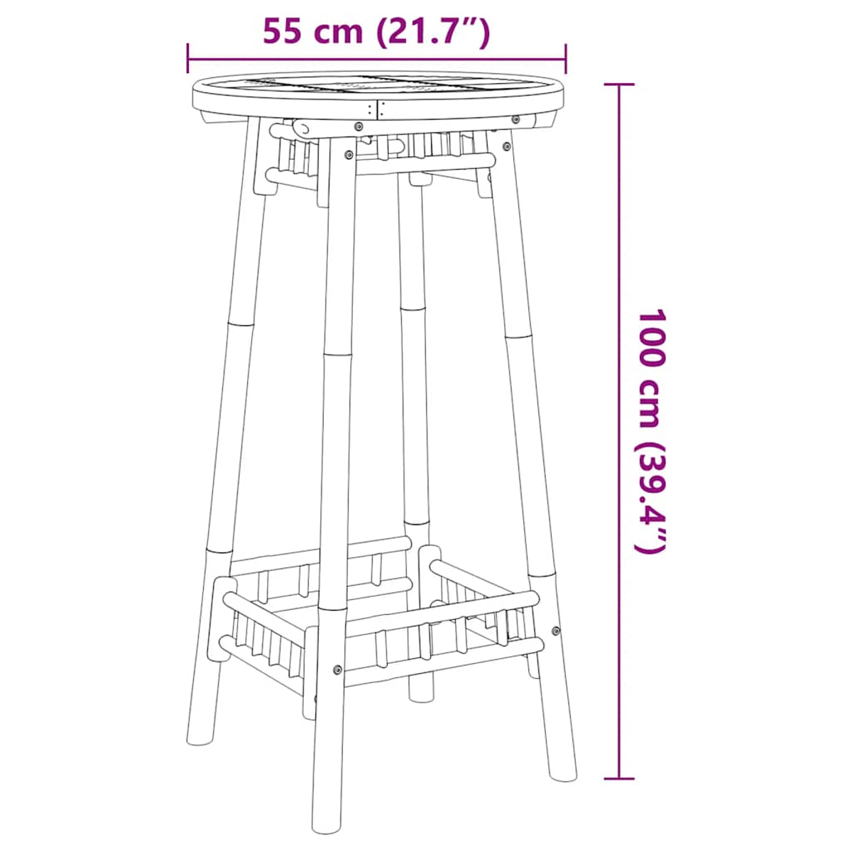 Tavolo da bar alto con misure, realizzato in legno chiaro.