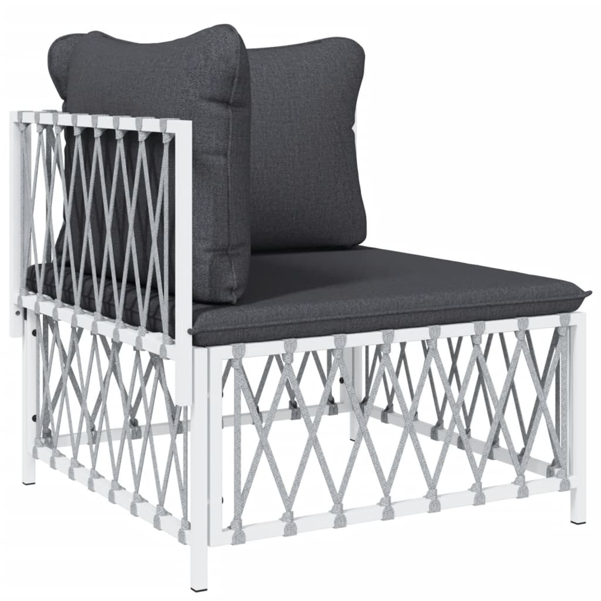 Weißer Stuhl mit grauen Kissen und Seil-Design. Zwei Kissen sind sichtbar.