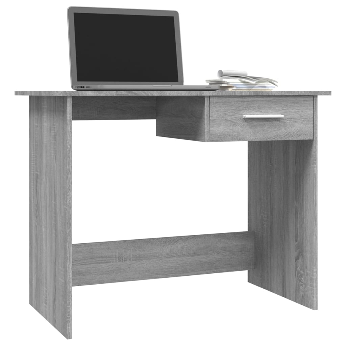 Grauer Schreibtisch mit Laptop, Schublade und Büchern. Weißer Hintergrund.