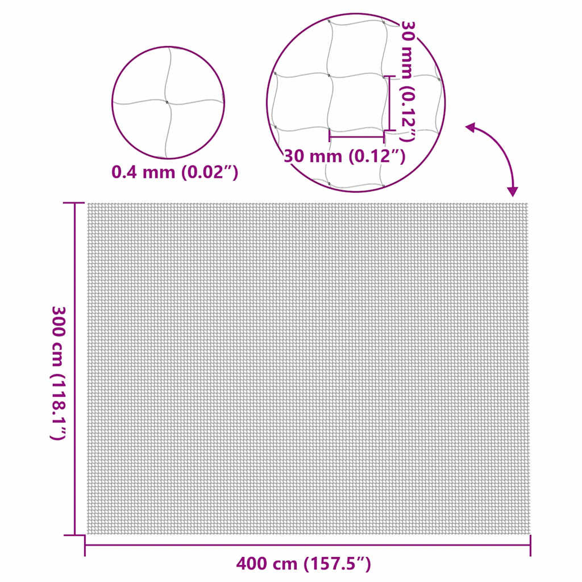 Diagramm eines Netzes mit Abmessungen in cm und Zoll. Detail zeigt die Maschenweite.